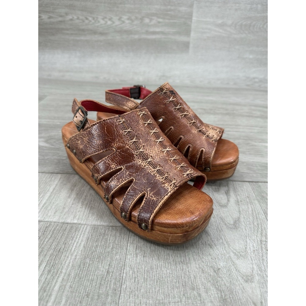 Bed Stu Fabiola Wooden Platform Wedge Sandals Women's Size 6.5 Brown Leather